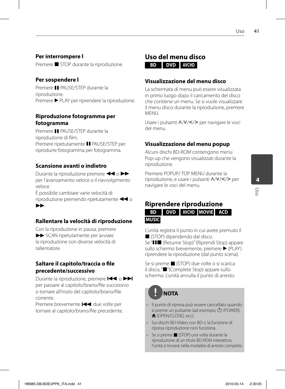 Uso del menu disco, Riprendere riproduzione | Pioneer BCS-303 User Manual | Page 263 / 448