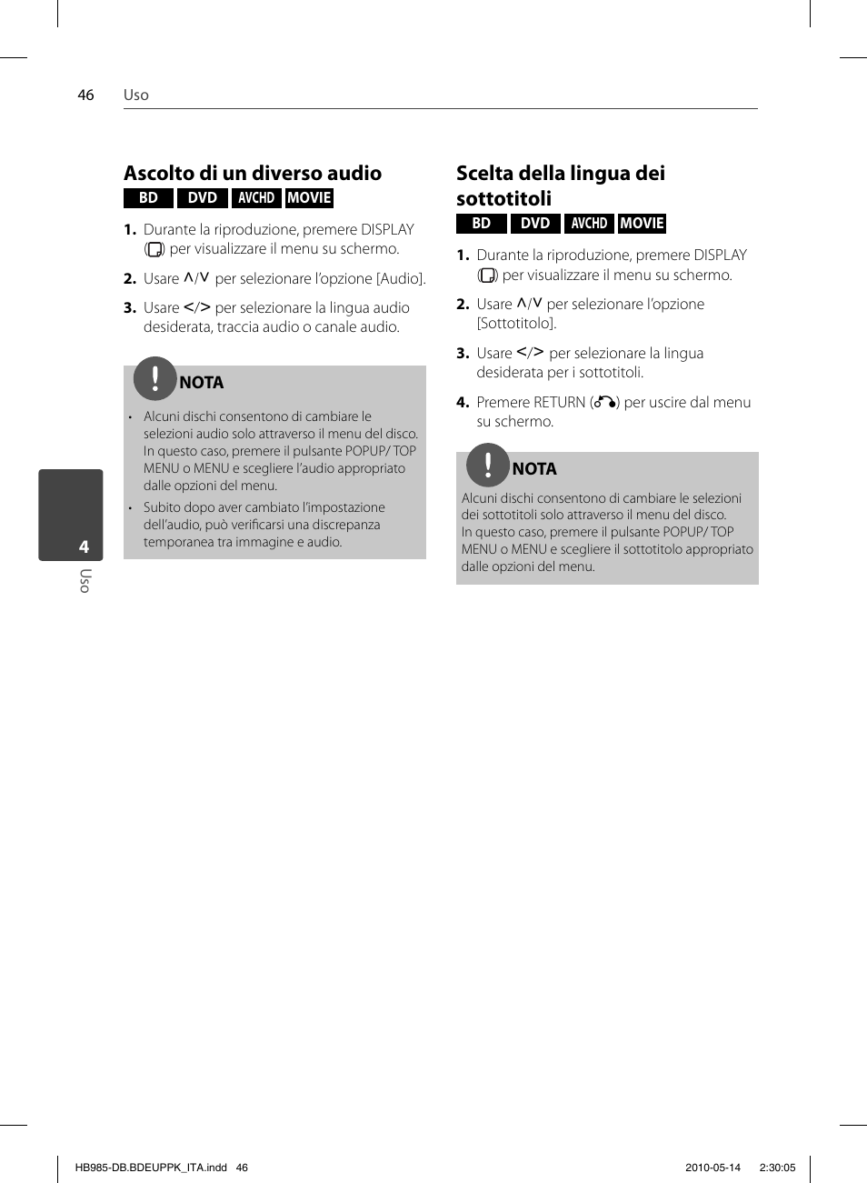 Ascolto di un diverso audio, Scelta della lingua dei sottotitoli | Pioneer BCS-303 User Manual | Page 268 / 448