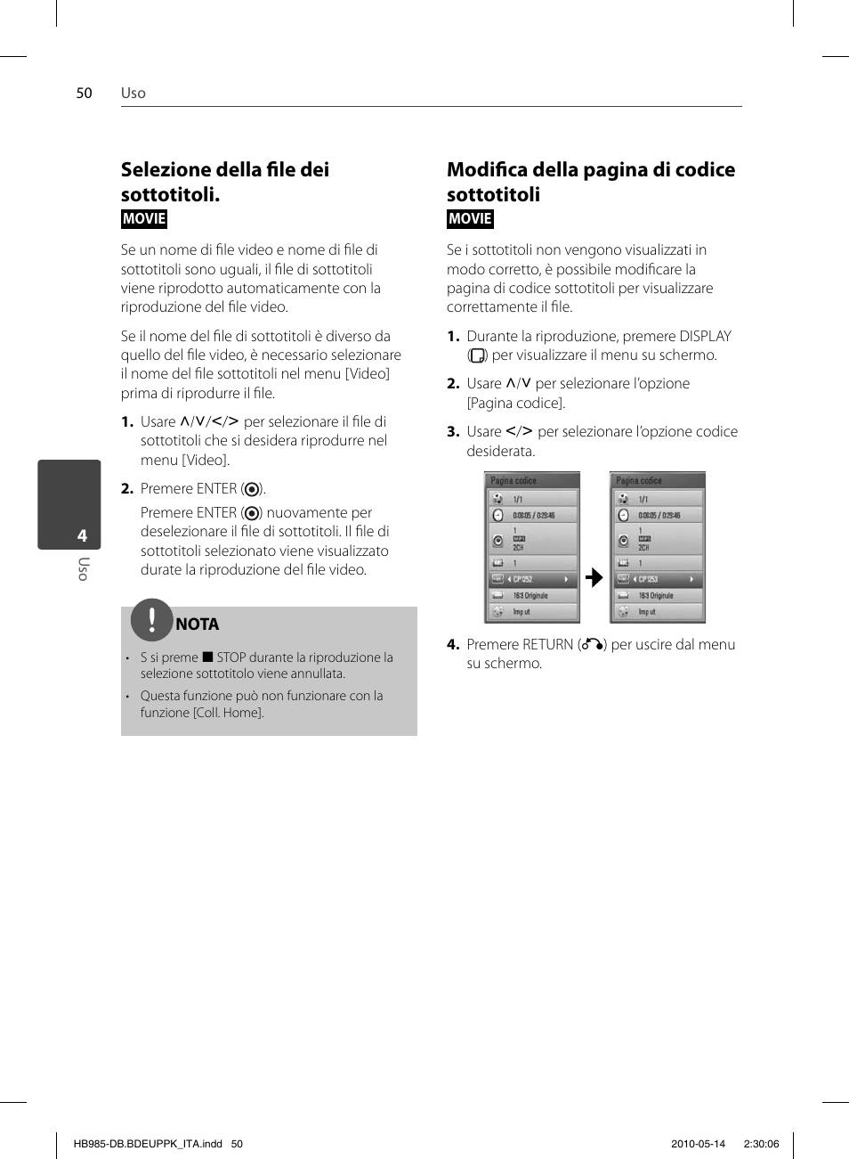 Selezione della fi le dei sottotitoli, Modifi ca della pagina di codice sottotitoli | Pioneer BCS-303 User Manual | Page 272 / 448