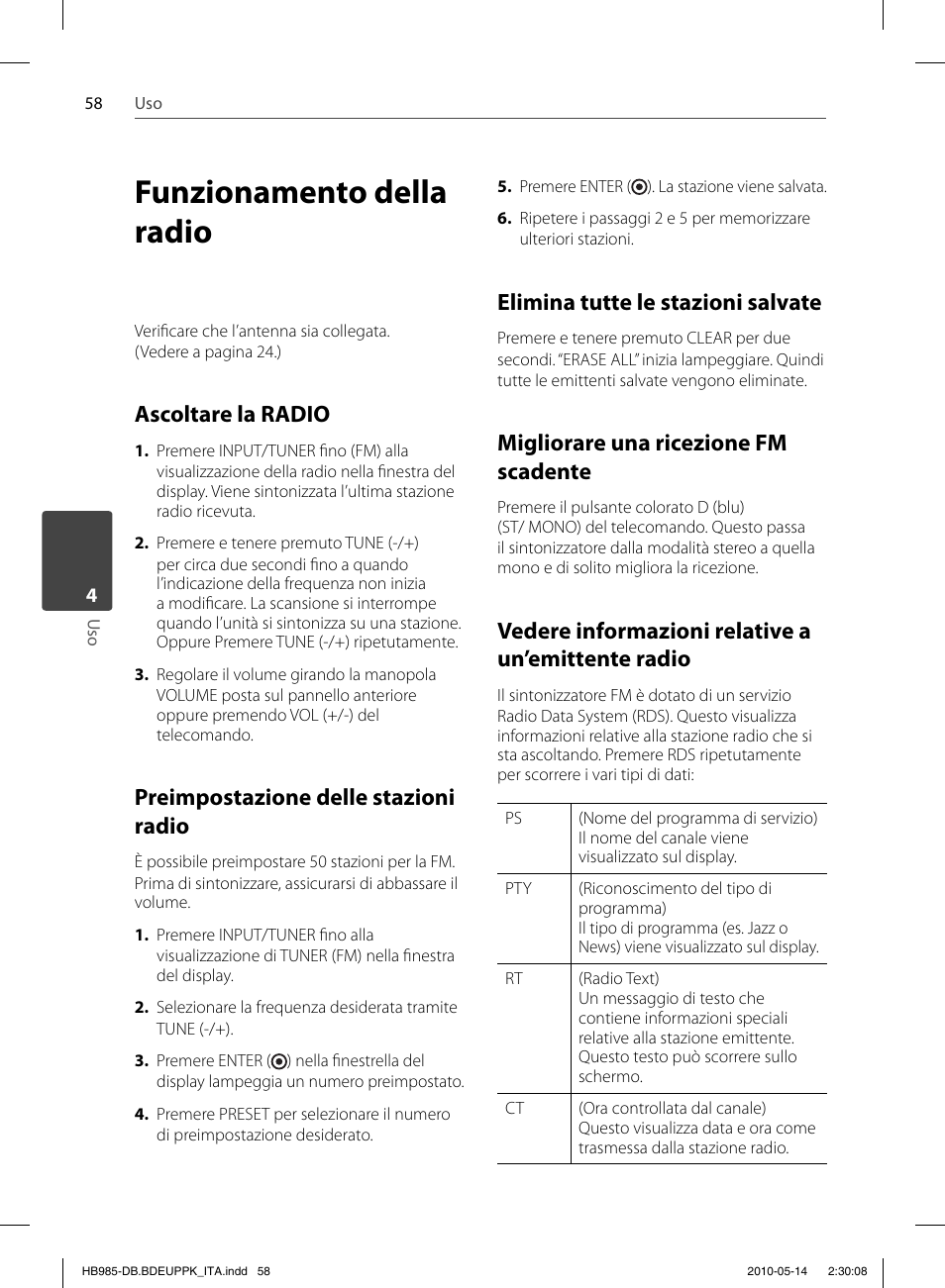 Funzionamento della radio, Ascoltare la radio, Preimpostazione delle stazioni radio | Elimina tutte le stazioni salvate, Migliorare una ricezione fm scadente, Vedere informazioni relative a un’emittente radio | Pioneer BCS-303 User Manual | Page 280 / 448