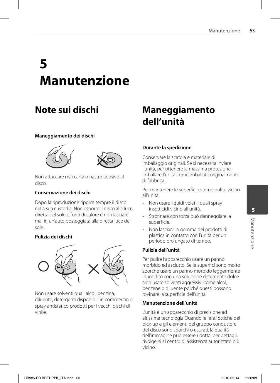 5 manutenzione, Maneggiamento dell’unità | Pioneer BCS-303 User Manual | Page 285 / 448