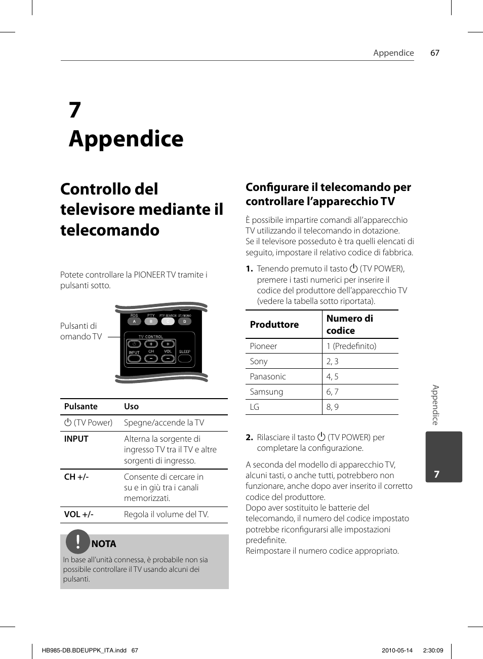 7 appendice, Controllo del televisore mediante il telecomando | Pioneer BCS-303 User Manual | Page 289 / 448