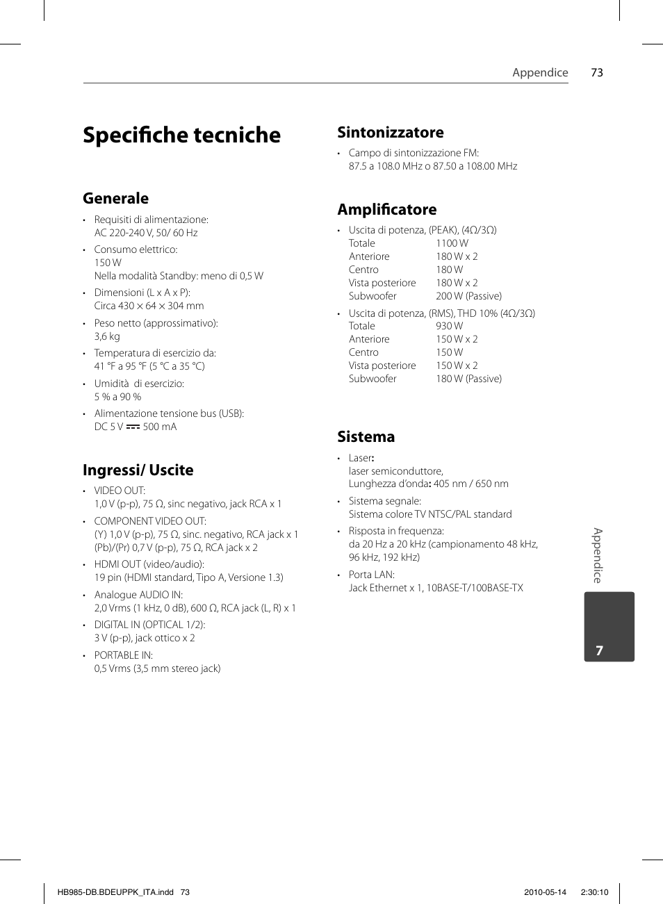 Specifi che tecniche, Generale, Ingressi/ uscite | Sintonizzatore, Amplifi catore, Sistema | Pioneer BCS-303 User Manual | Page 295 / 448
