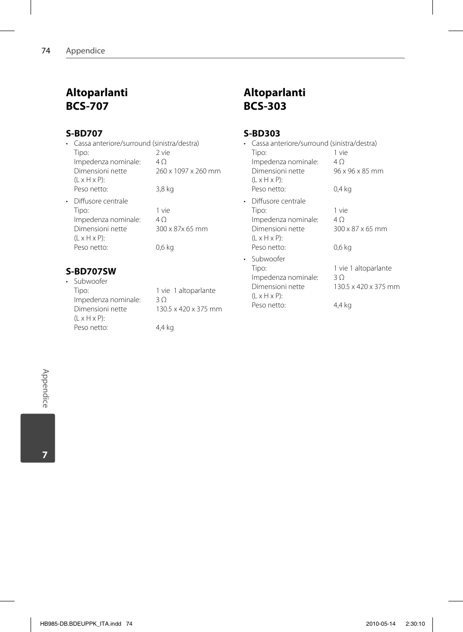 Altoparlanti bcs-707, Altoparlanti bcs-303, S-bd707 | S-bd707sw, S-bd303 | Pioneer BCS-303 User Manual | Page 296 / 448