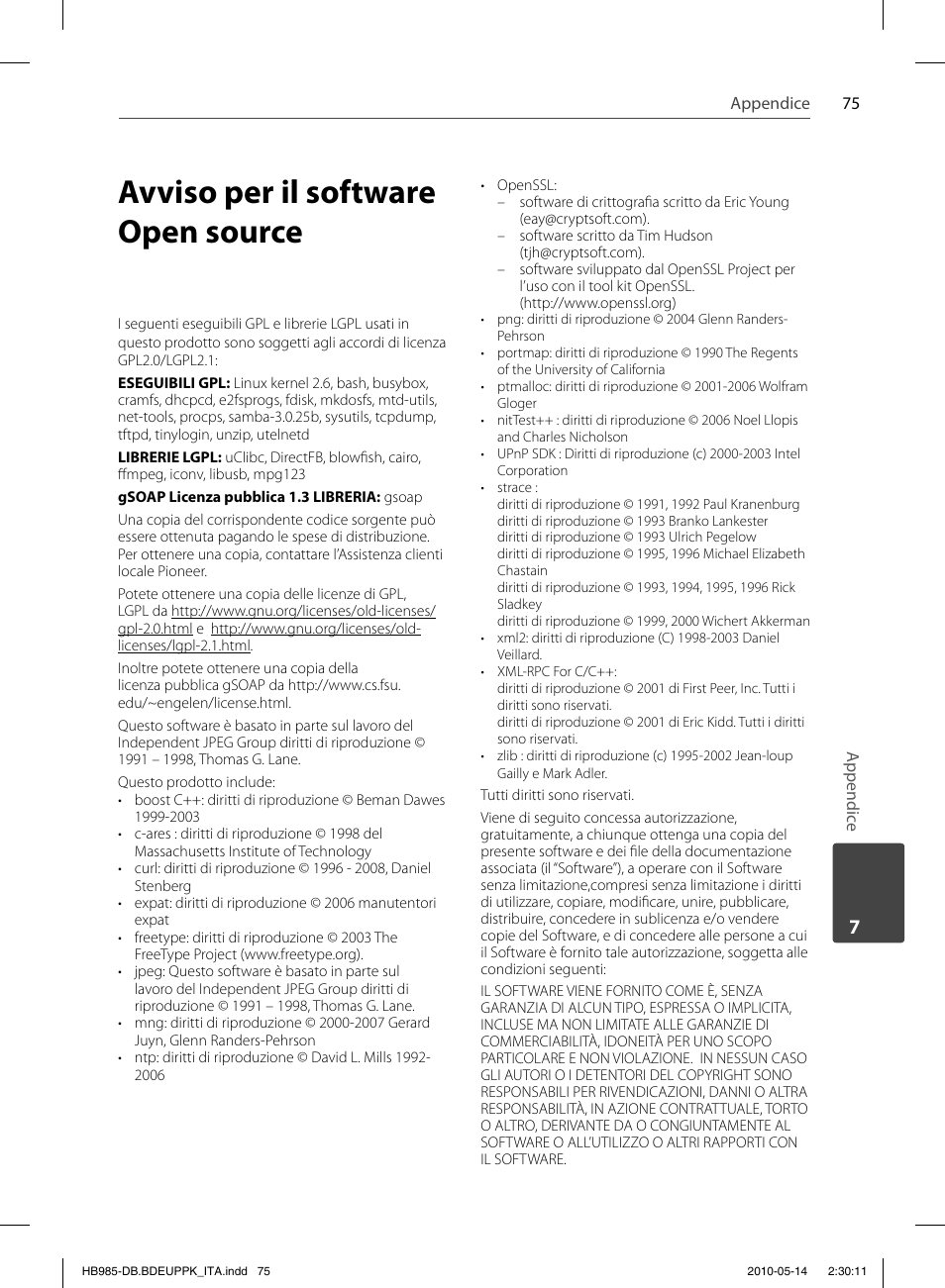 Avviso per il software open source | Pioneer BCS-303 User Manual | Page 297 / 448