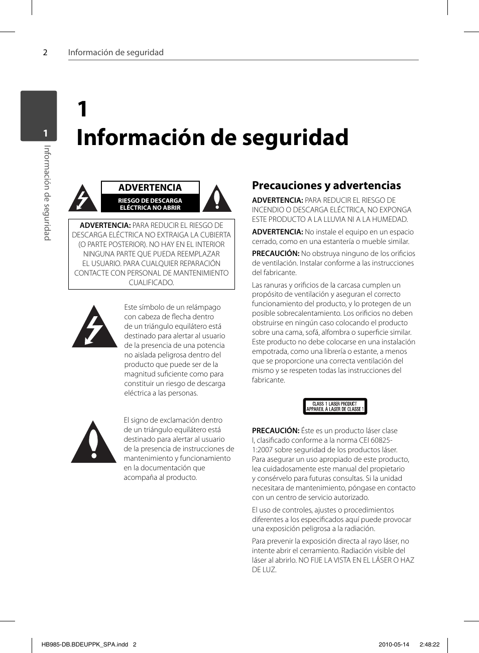 1 información de seguridad, Precauciones y advertencias | Pioneer BCS-303 User Manual | Page 298 / 448