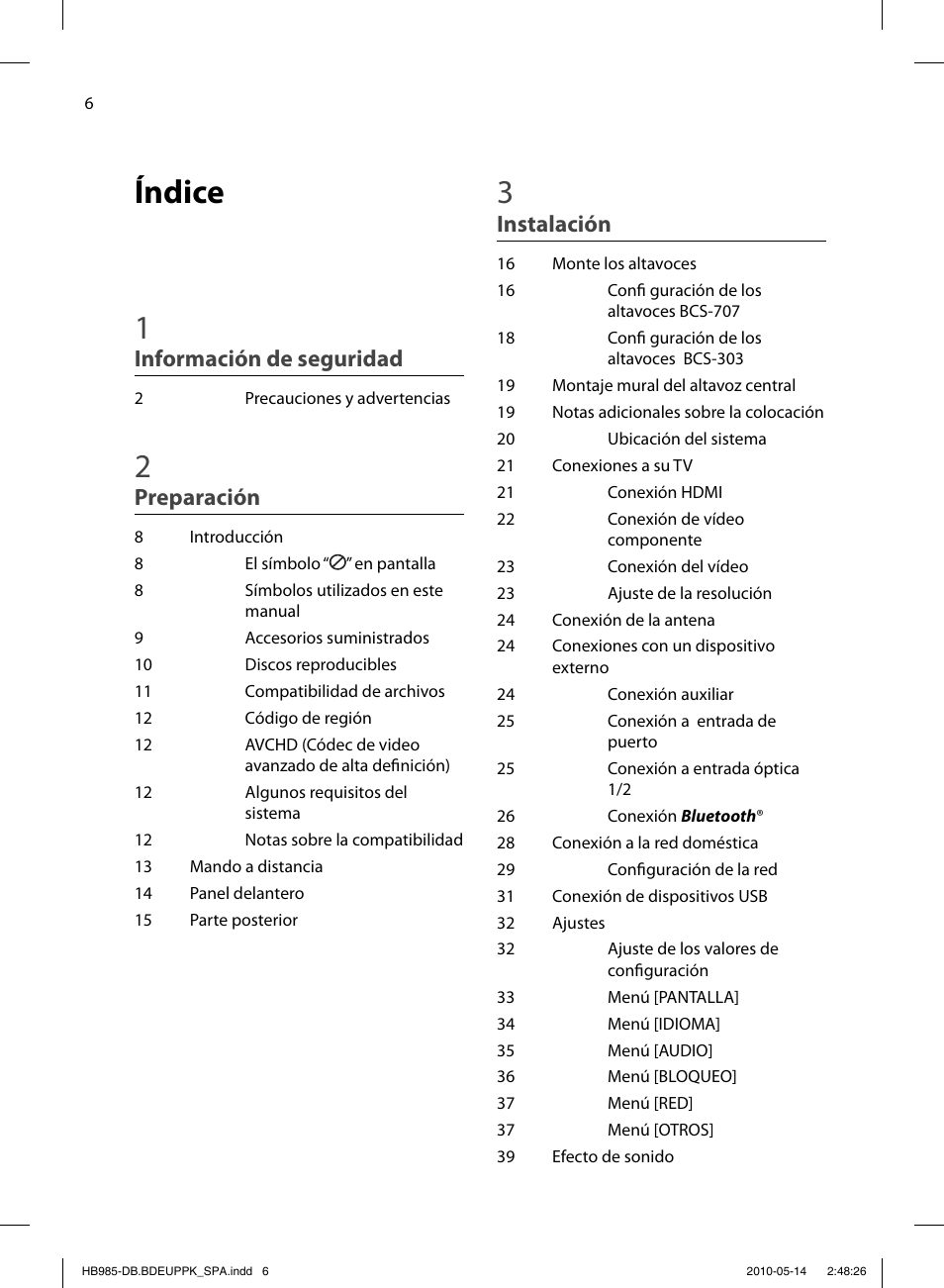 Índice 1, Información de seguridad, Preparación | Instalación | Pioneer BCS-303 User Manual | Page 302 / 448