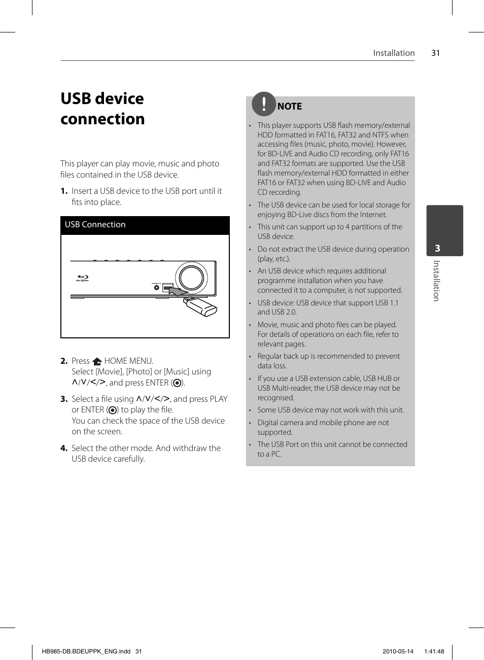 Usb device connection | Pioneer BCS-303 User Manual | Page 31 / 448