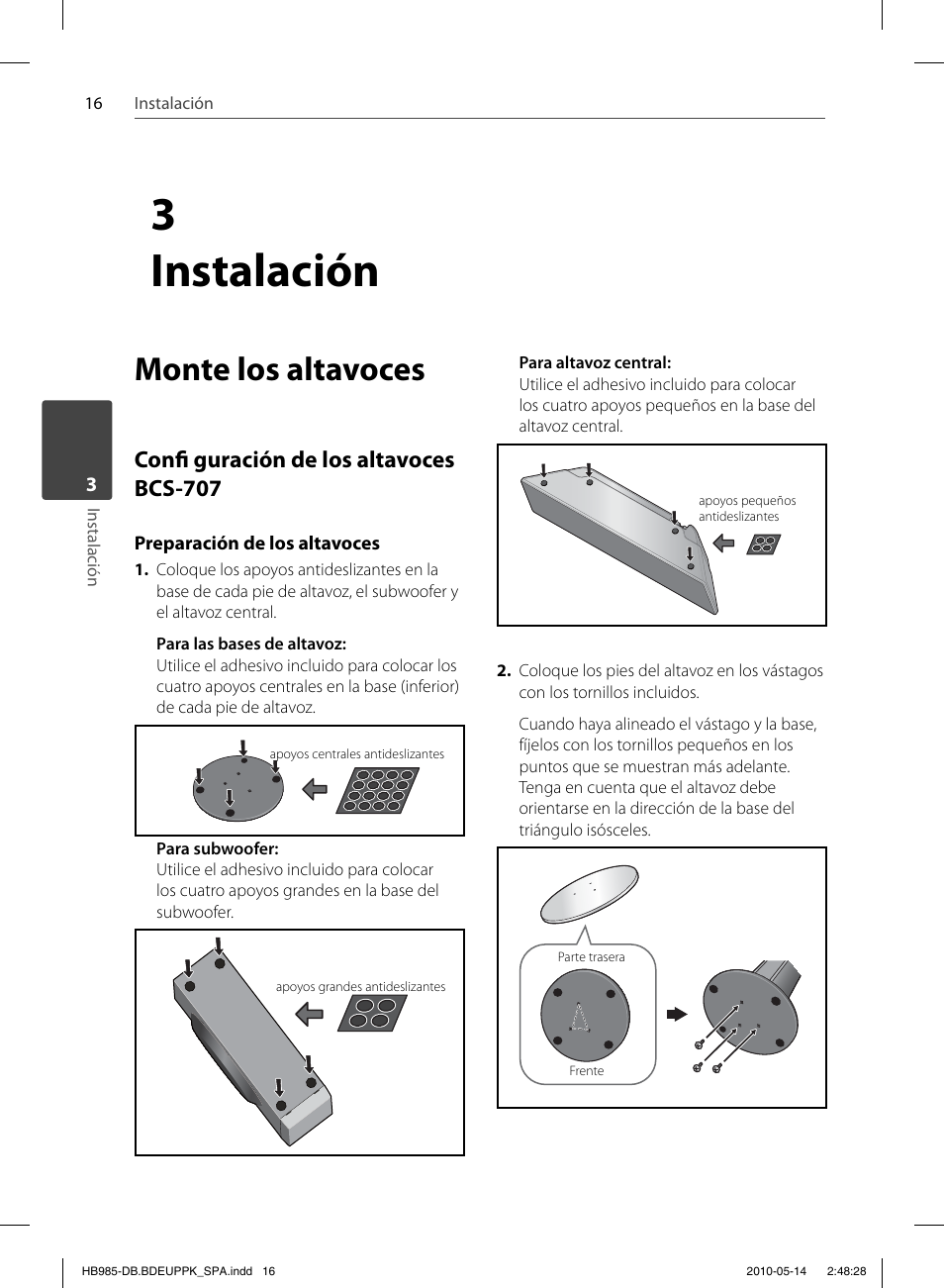 3 instalación, Monte los altavoces, Confi guración de los altavoces bcs-707 | Pioneer BCS-303 User Manual | Page 312 / 448