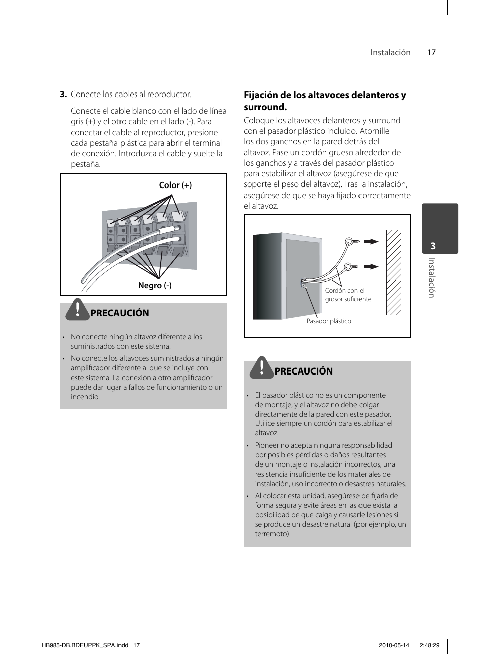 Precaución, Fijación de los altavoces delanteros y surround | Pioneer BCS-303 User Manual | Page 313 / 448