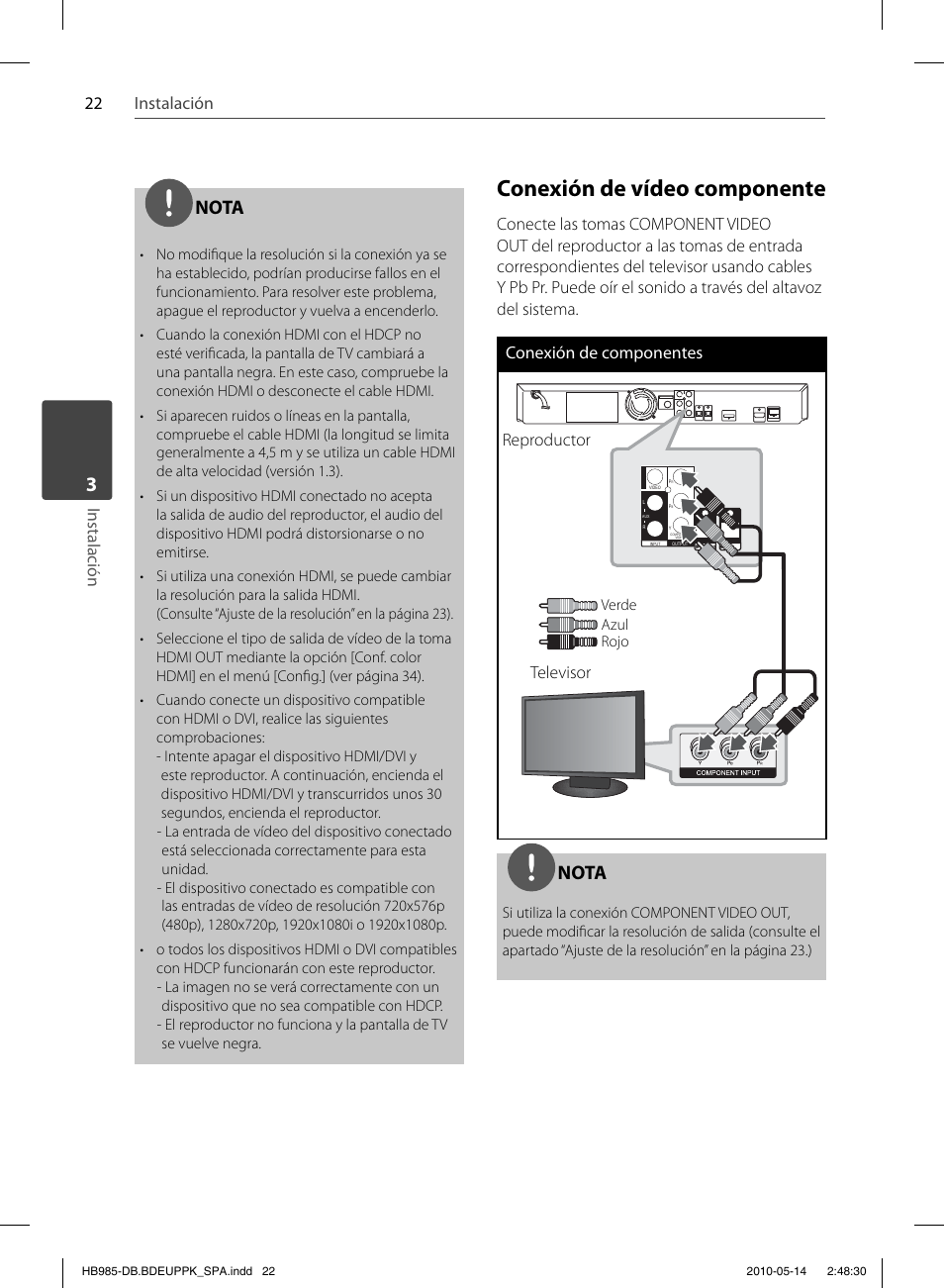 Conexión de vídeo componente, Nota, 22 instalación instalación | Reproductor, Televisor | Pioneer BCS-303 User Manual | Page 318 / 448