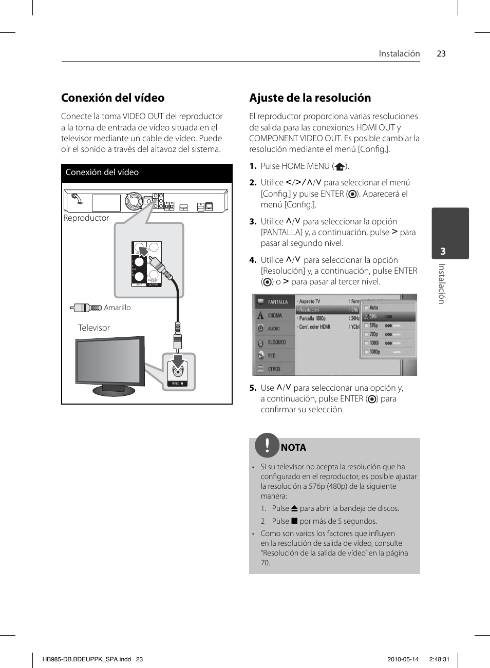 Conexión del vídeo, Ajuste de la resolución, Nota | Pioneer BCS-303 User Manual | Page 319 / 448