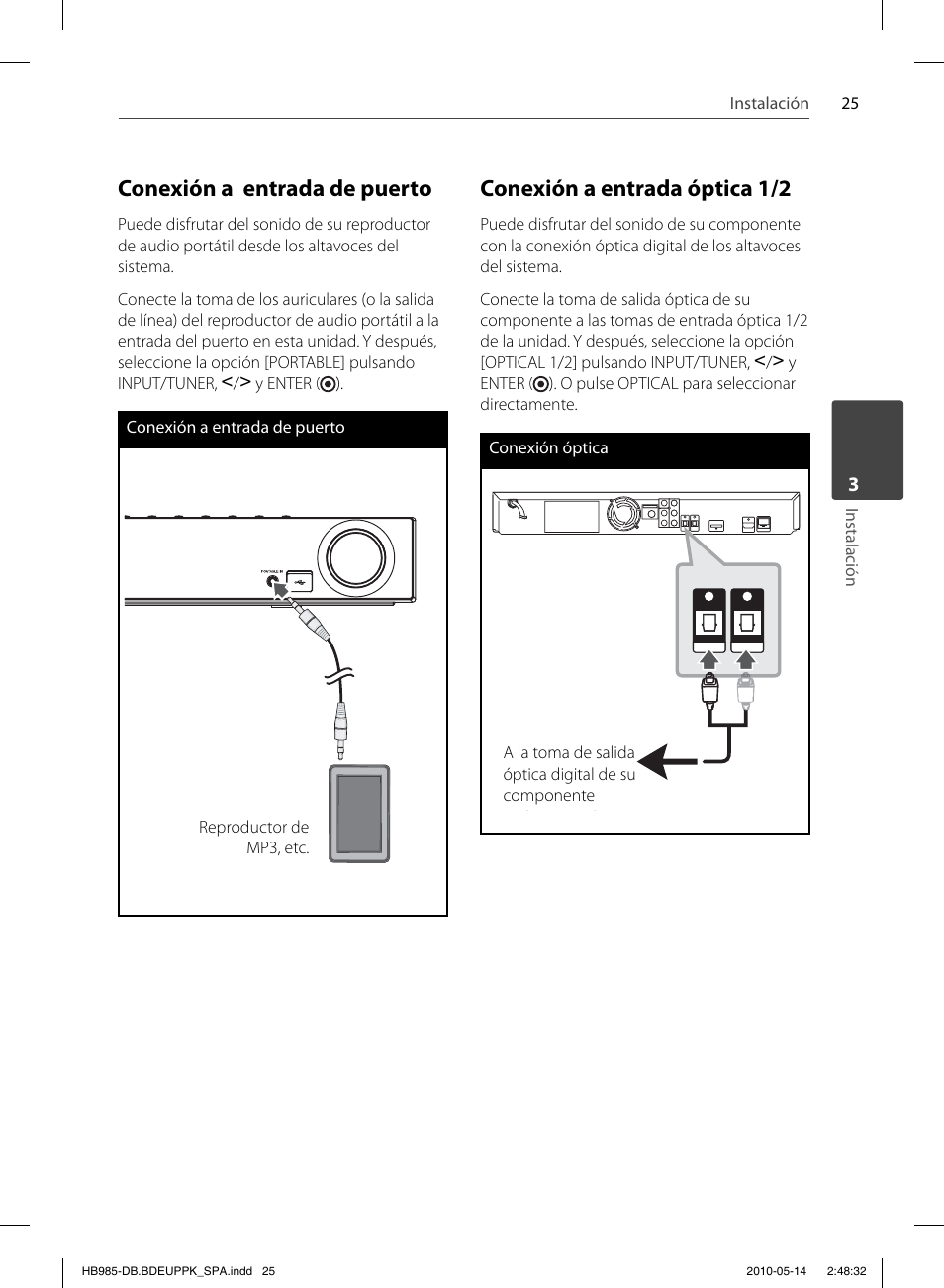 Conexión a entrada de puerto, Conexión a entrada óptica 1/2 | Pioneer BCS-303 User Manual | Page 321 / 448