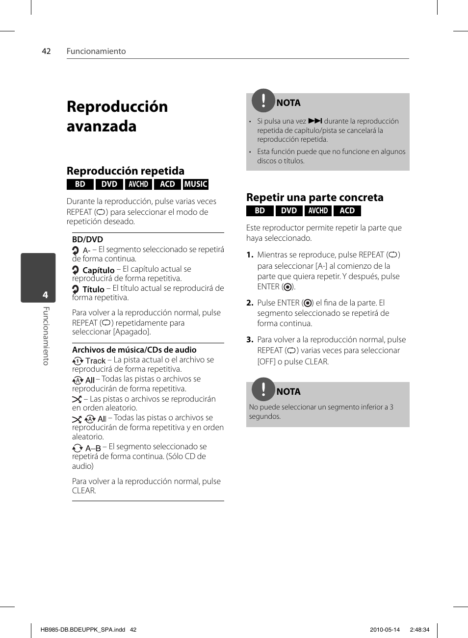 Reproducción avanzada, Reproducción repetida, Repetir una parte concreta | Pioneer BCS-303 User Manual | Page 338 / 448