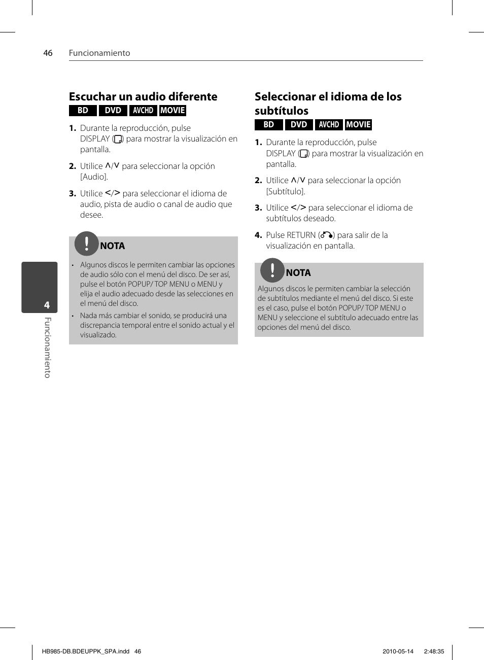 Escuchar un audio diferente, Seleccionar el idioma de los subtítulos | Pioneer BCS-303 User Manual | Page 342 / 448
