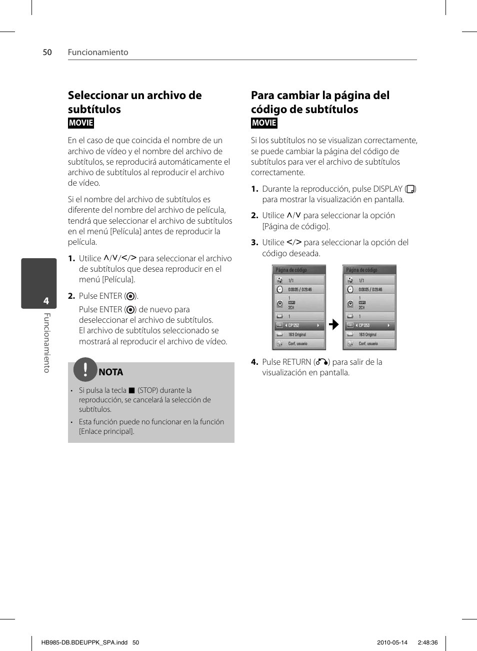 Seleccionar un archivo de subtítulos, Para cambiar la página del código de subtítulos | Pioneer BCS-303 User Manual | Page 346 / 448
