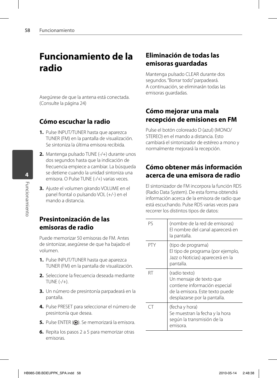 Funcionamiento de la radio, Cómo escuchar la radio, Presintonización de las emisoras de radio | Eliminación de todas las emisoras guardadas, Cómo mejorar una mala recepción de emisiones en fm | Pioneer BCS-303 User Manual | Page 354 / 448