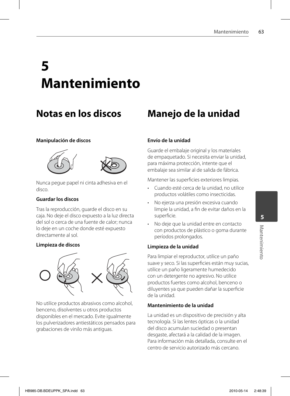 5 mantenimiento, Notas en los discos, Manejo de la unidad | Pioneer BCS-303 User Manual | Page 359 / 448