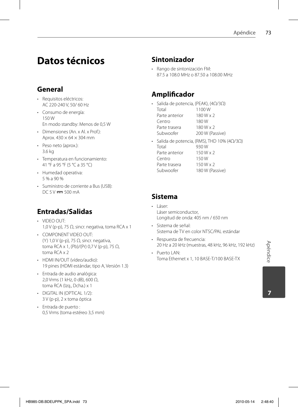 Datos técnicos, General, Entradas/salidas | Sintonizador, Amplifi cador, Sistema | Pioneer BCS-303 User Manual | Page 369 / 448