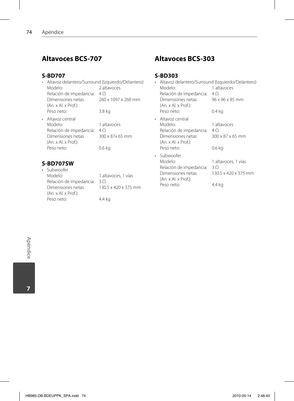 Altavoces bcs-707, Altavoces bcs-303, S-bd707 | S-bd707sw, S-bd303 | Pioneer BCS-303 User Manual | Page 370 / 448