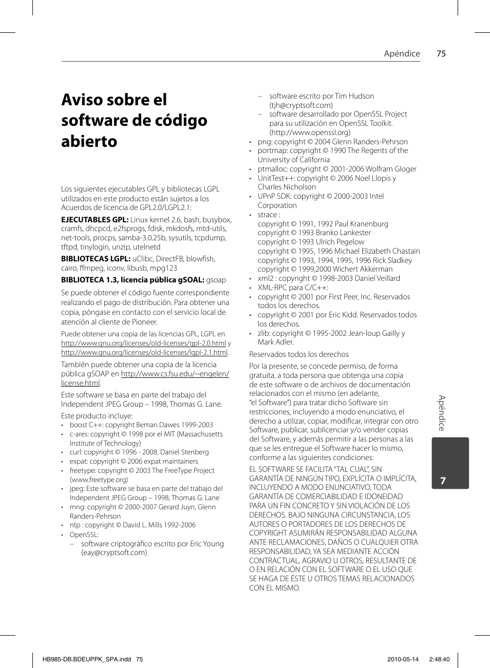 Aviso sobre el software de código abierto | Pioneer BCS-303 User Manual | Page 371 / 448