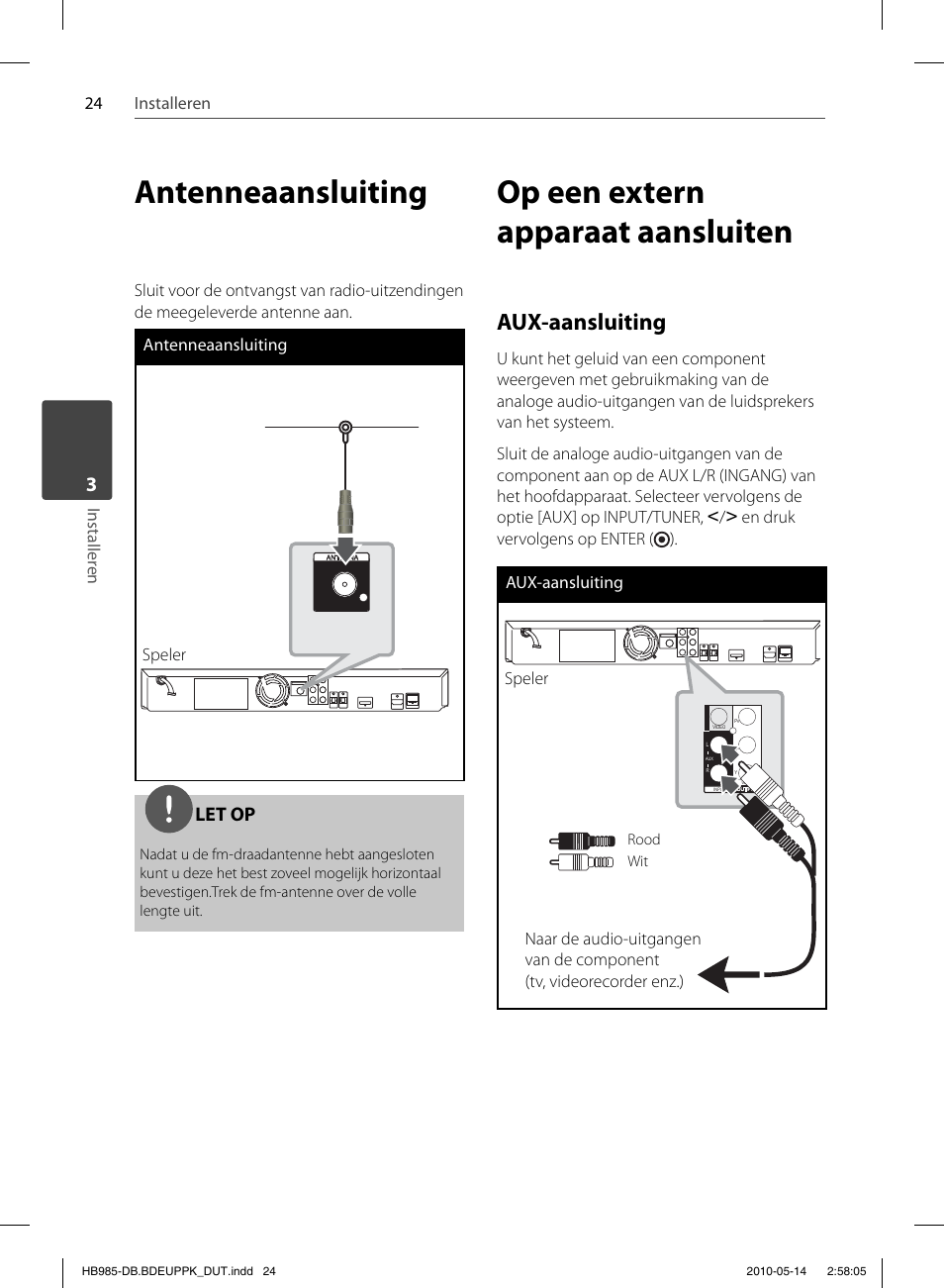 Antenneaansluiting, Op een extern apparaat aansluiten, Aux-aansluiting | Let op | Pioneer BCS-303 User Manual | Page 394 / 448