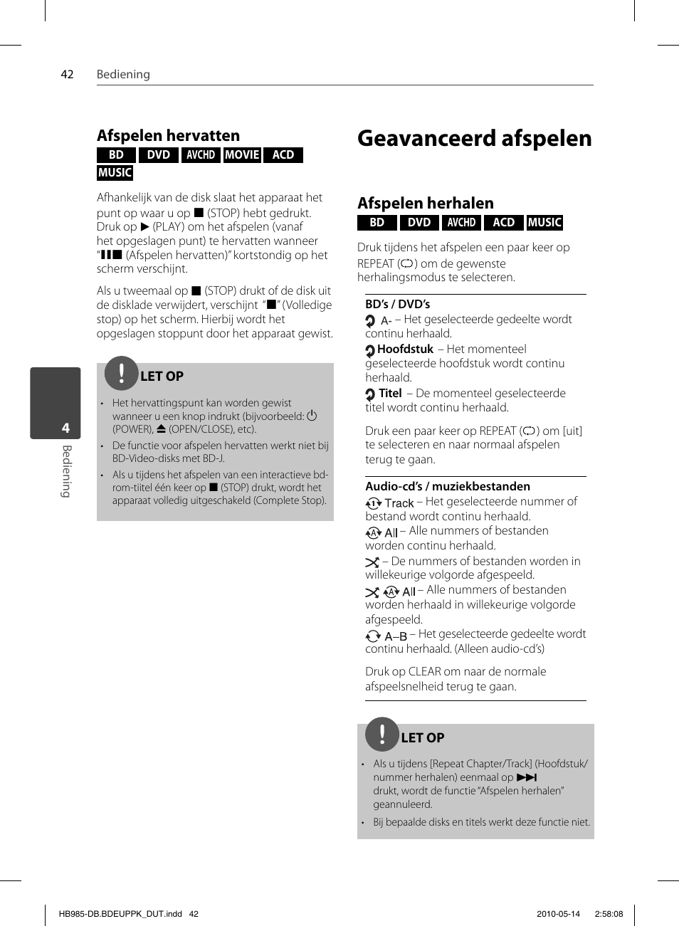 Geavanceerd afspelen, Afspelen hervatten, Afspelen herhalen | Pioneer BCS-303 User Manual | Page 412 / 448