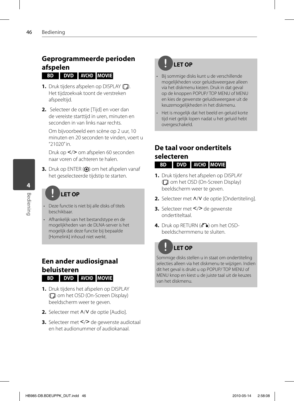 Geprogrammeerde perioden afspelen, Een ander audiosignaal beluisteren, De taal voor ondertitels selecteren | Pioneer BCS-303 User Manual | Page 416 / 448