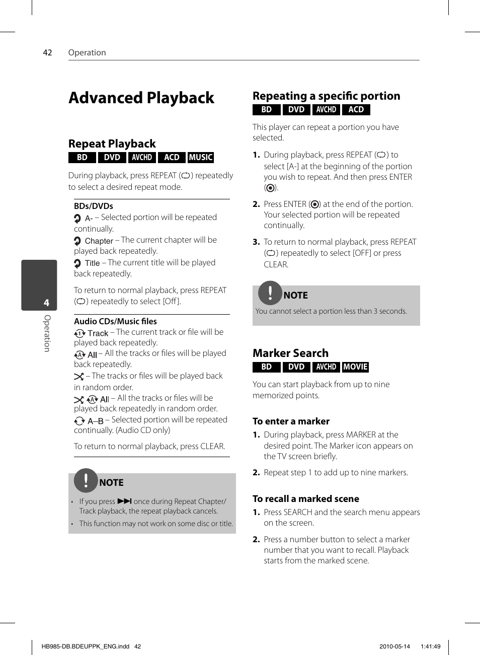 Advanced playback, Repeat playback, Repeating a specifi c portion | Marker search | Pioneer BCS-303 User Manual | Page 42 / 448