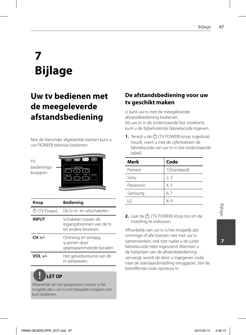 7 bijlage, De afstandsbediening voor uw tv geschikt maken | Pioneer BCS-303 User Manual | Page 437 / 448