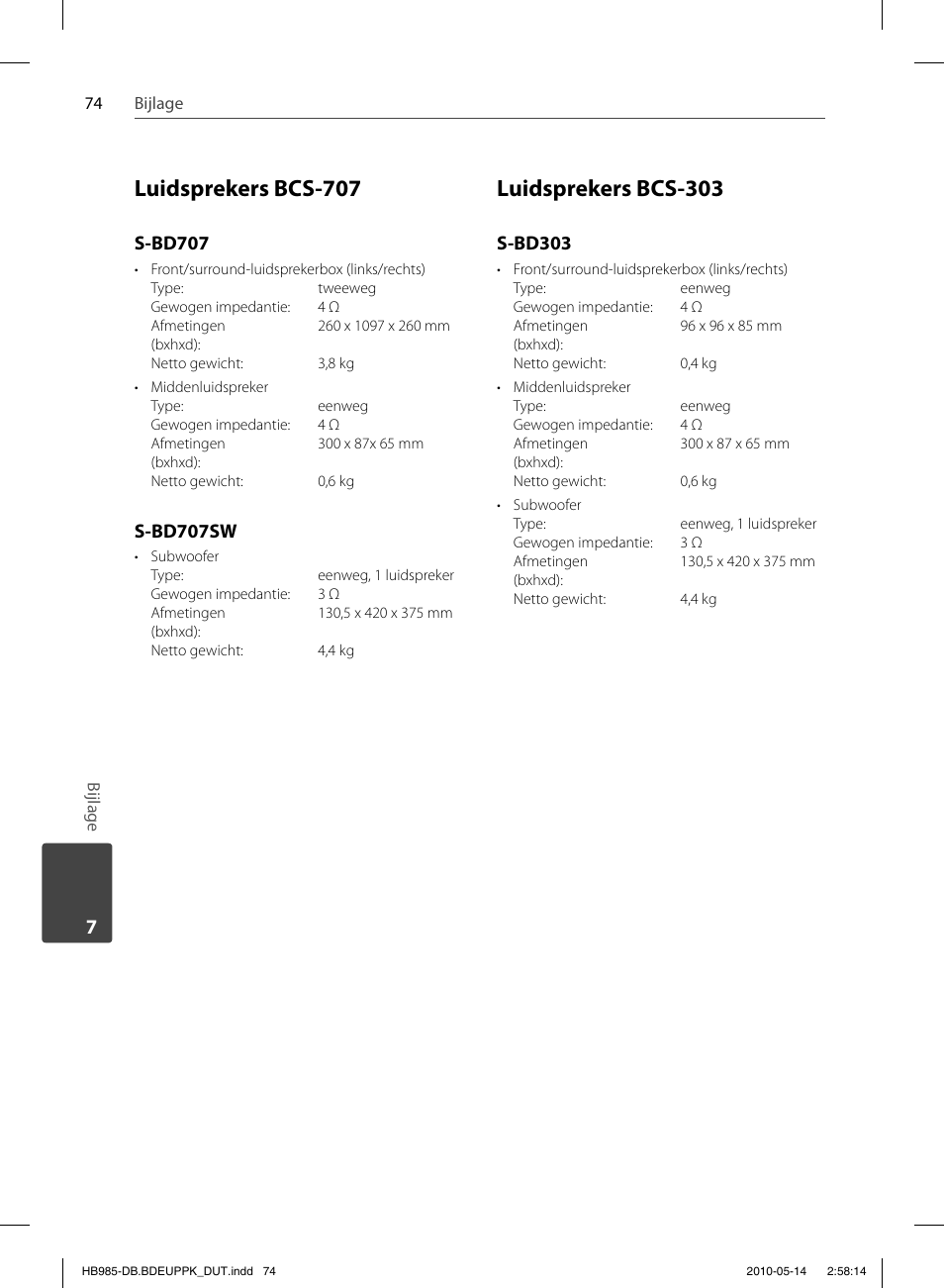 Luidsprekers bcs-707, Luidsprekers bcs-303, S-bd707 | S-bd707sw, S-bd303 | Pioneer BCS-303 User Manual | Page 444 / 448