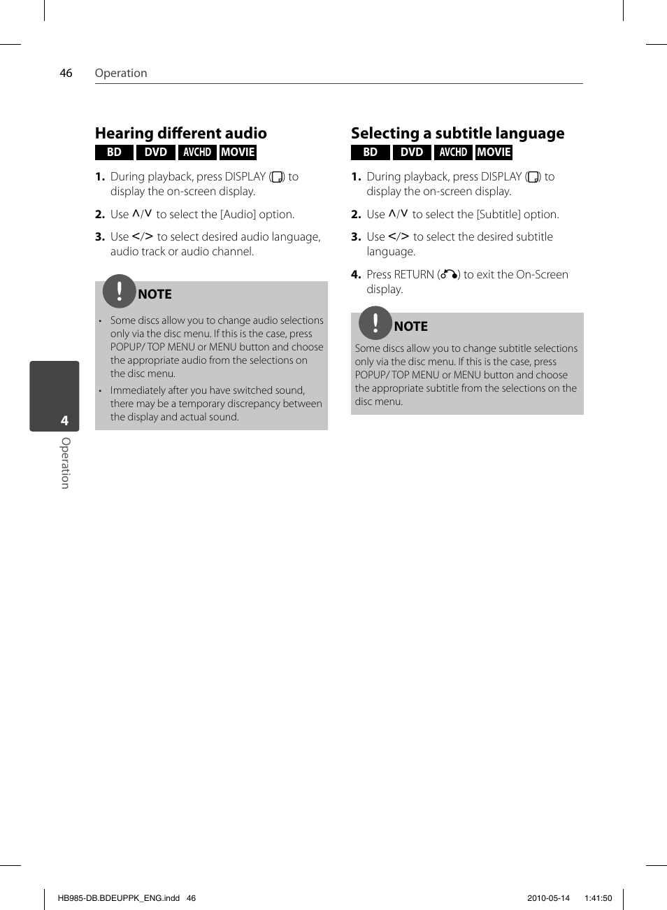 Hearing diff erent audio, Selecting a subtitle language | Pioneer BCS-303 User Manual | Page 46 / 448