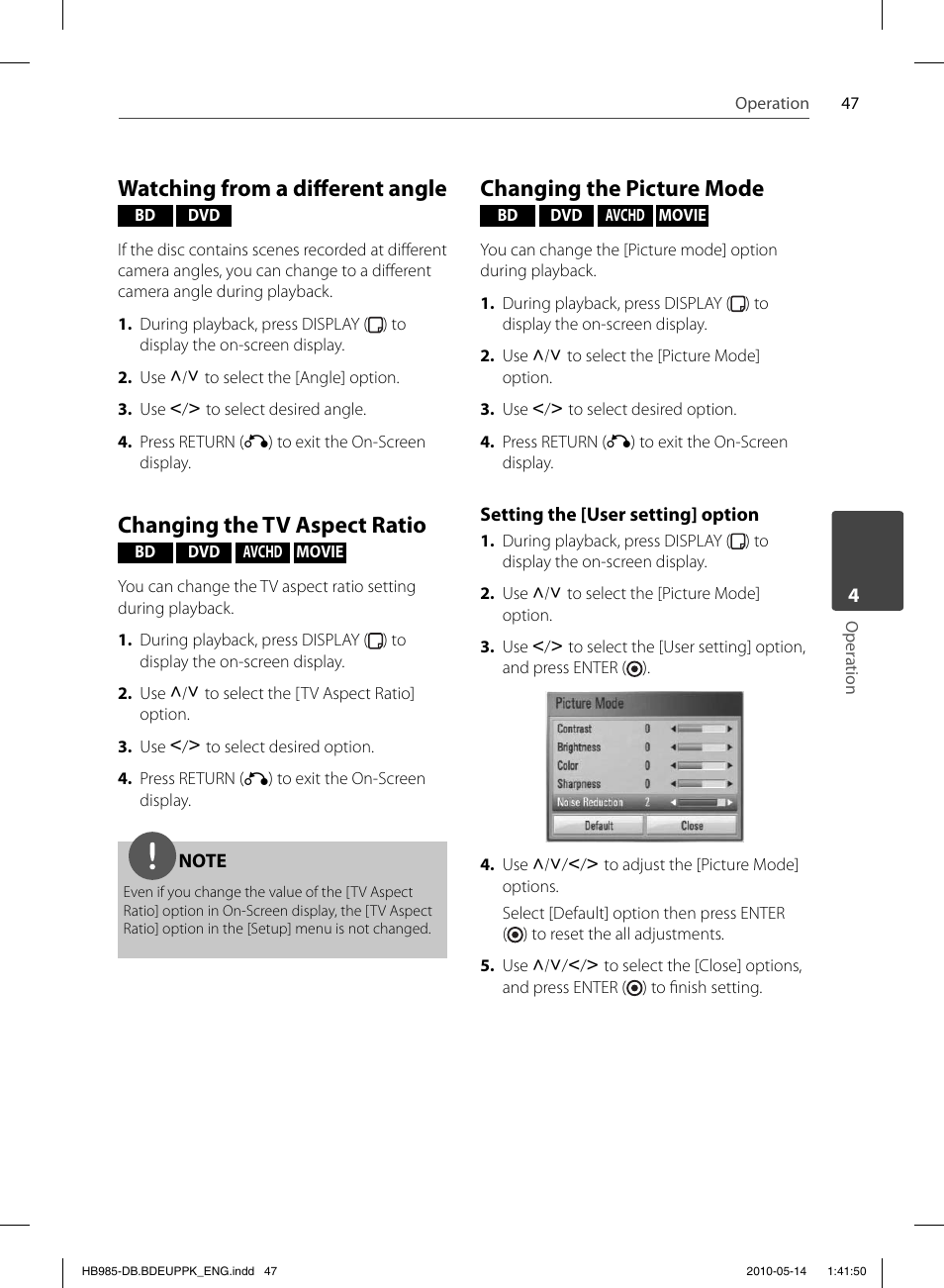 Watching from a diff erent angle, Changing the tv aspect ratio, Changing the picture mode | Pioneer BCS-303 User Manual | Page 47 / 448