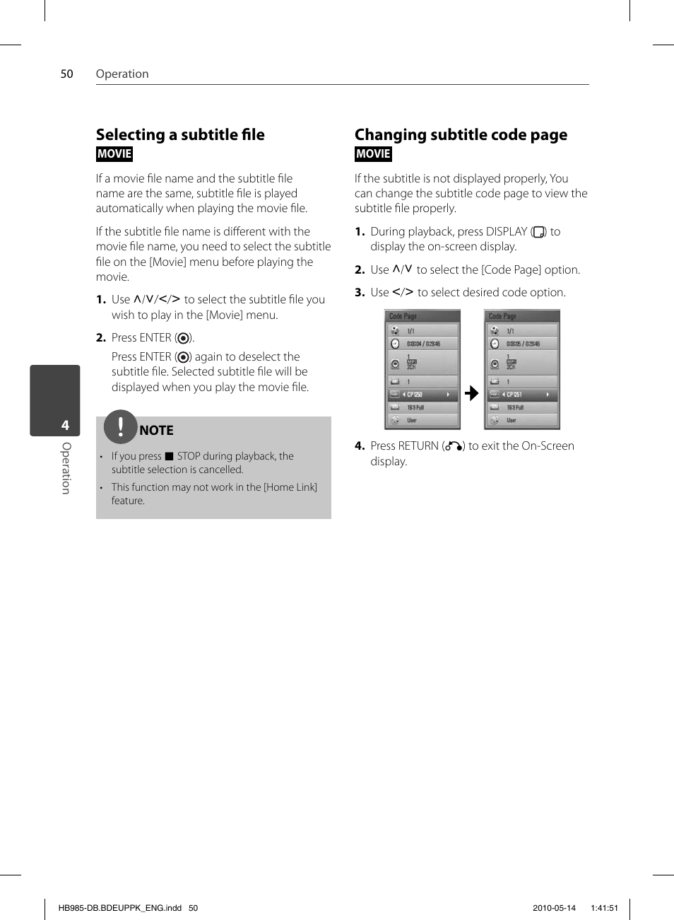 Selecting a subtitle fi le, Changing subtitle code page | Pioneer BCS-303 User Manual | Page 50 / 448