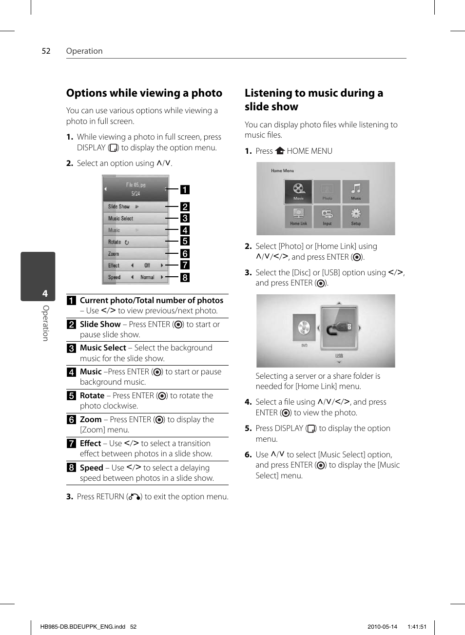 Options while viewing a photo, Listening to music during a slide show | Pioneer BCS-303 User Manual | Page 52 / 448