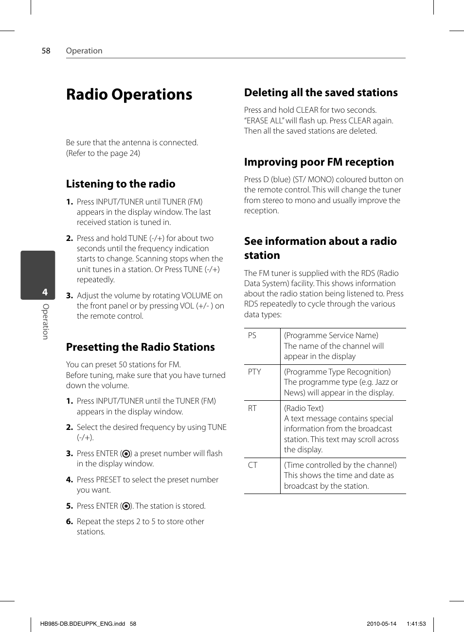 Radio operations, Listening to the radio, Presetting the radio stations | Deleting all the saved stations, Improving poor fm reception, See information about a radio station | Pioneer BCS-303 User Manual | Page 58 / 448