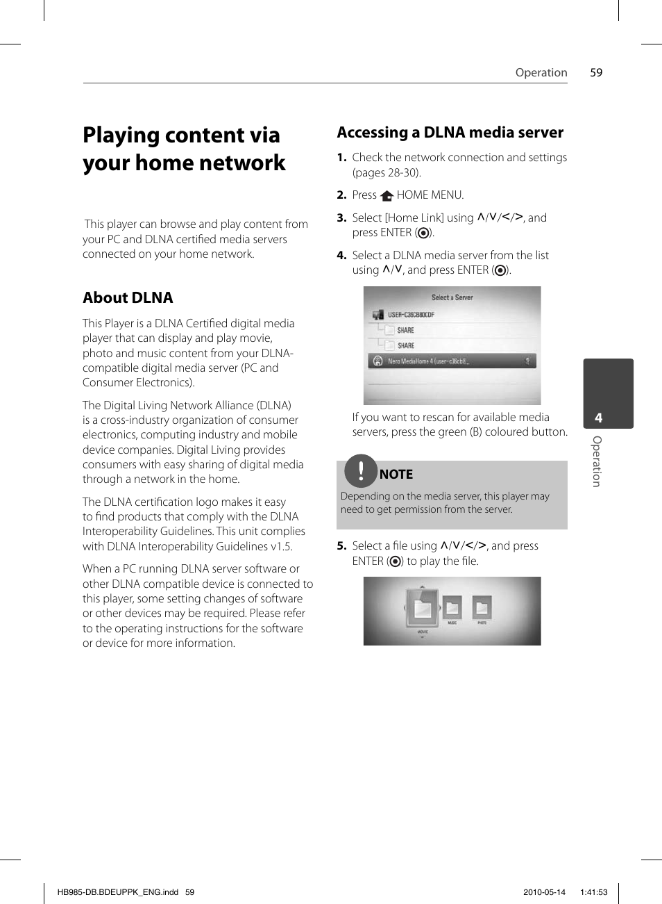 Playing content via your home network, About dlna, Accessing a dlna media server | Pioneer BCS-303 User Manual | Page 59 / 448