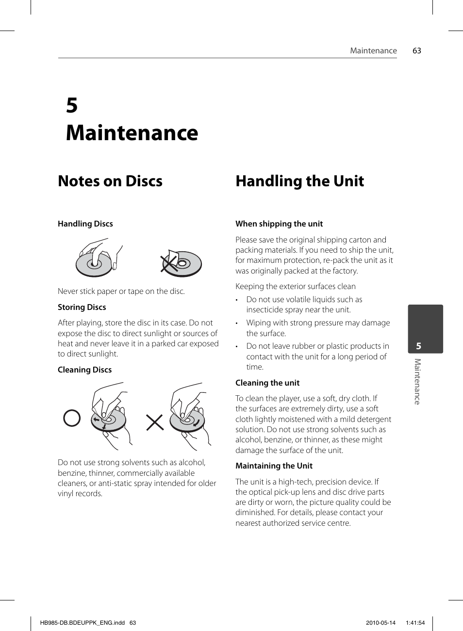 5 maintenance, Handling the unit | Pioneer BCS-303 User Manual | Page 63 / 448