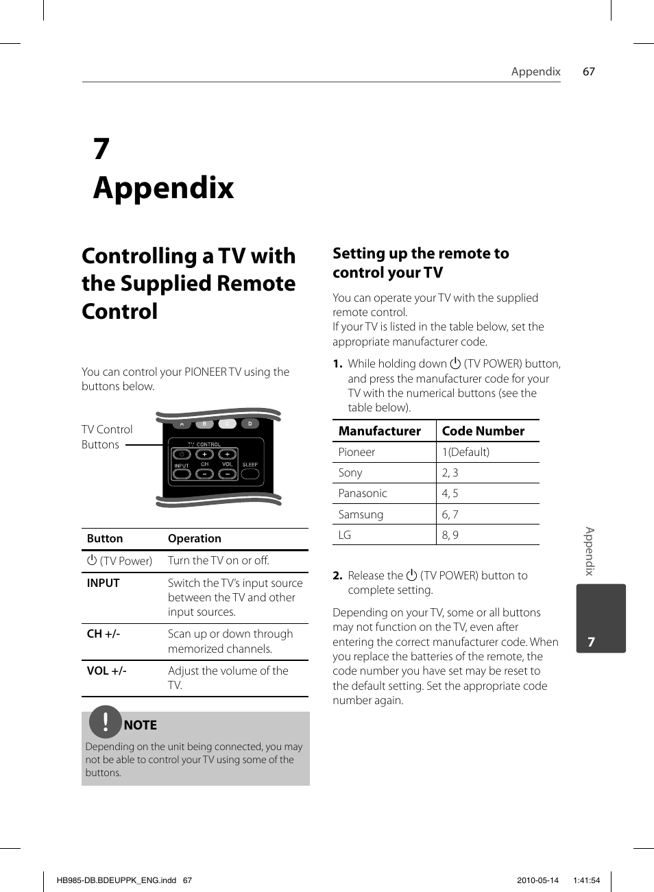 7 appendix, Controlling a tv with the supplied remote control, Setting up the remote to control your tv | Pioneer BCS-303 User Manual | Page 67 / 448