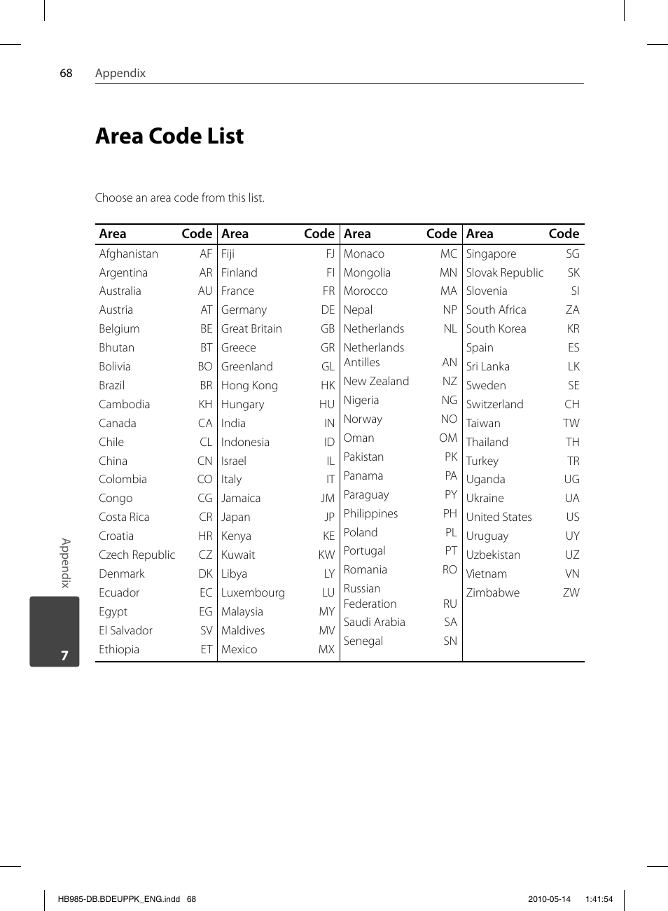 Area code list | Pioneer BCS-303 User Manual | Page 68 / 448