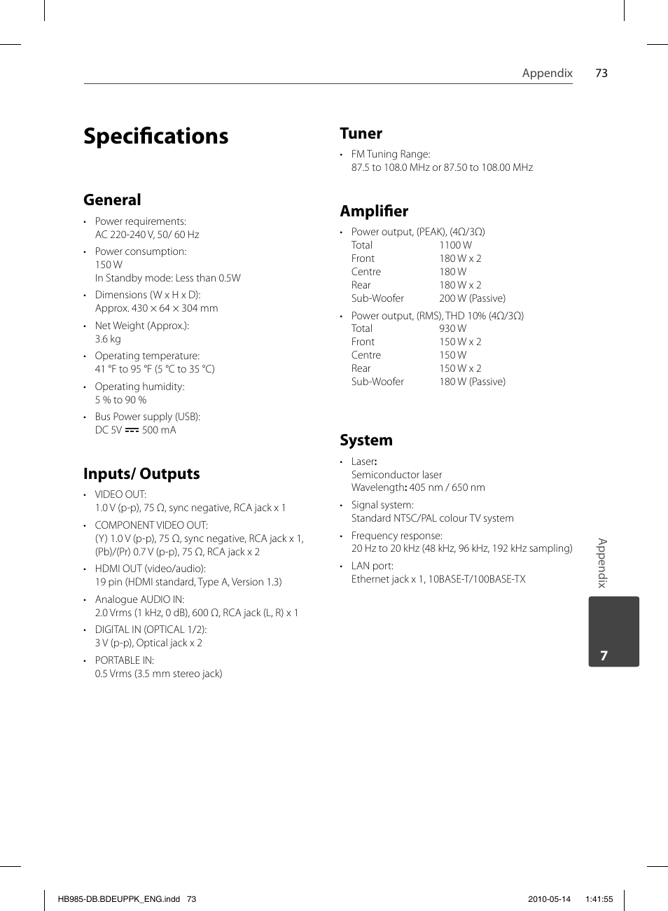 Specifi cations, General, Inputs/ outputs | Tuner, Amplifi er, System | Pioneer BCS-303 User Manual | Page 73 / 448