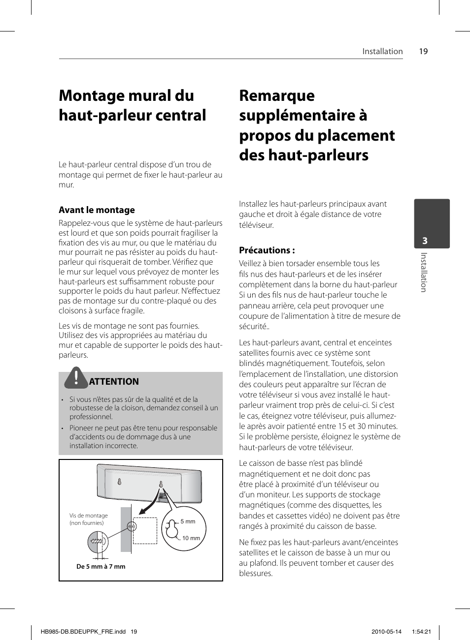 Montage mural du haut-parleur central | Pioneer BCS-303 User Manual | Page 93 / 448