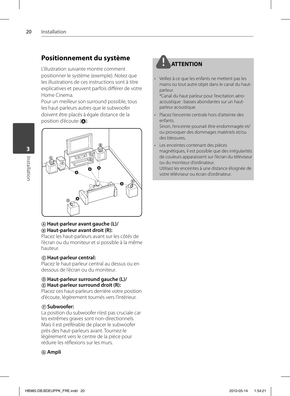 Positionnement du système, Attention | Pioneer BCS-303 User Manual | Page 94 / 448