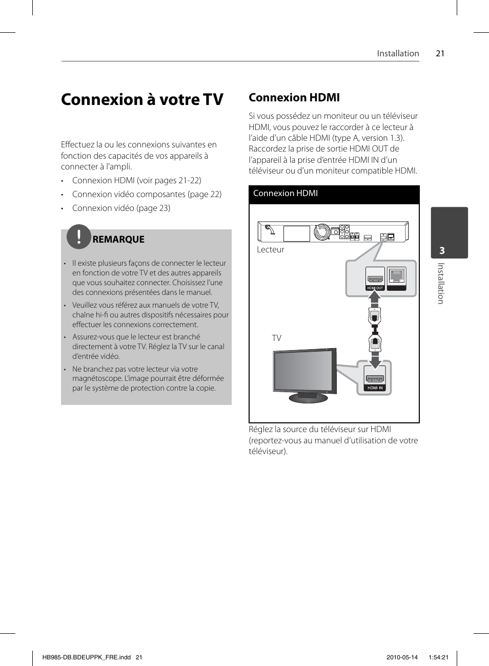 Connexion à votre tv, Connexion hdmi | Pioneer BCS-303 User Manual | Page 95 / 448