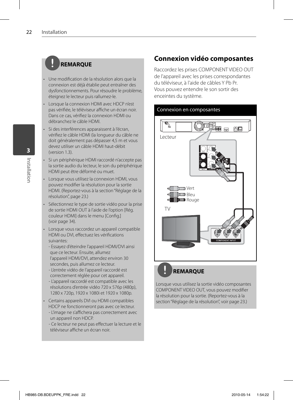 Connexion vidéo composantes, Remarque, 22 installation installation | Lecteur | Pioneer BCS-303 User Manual | Page 96 / 448
