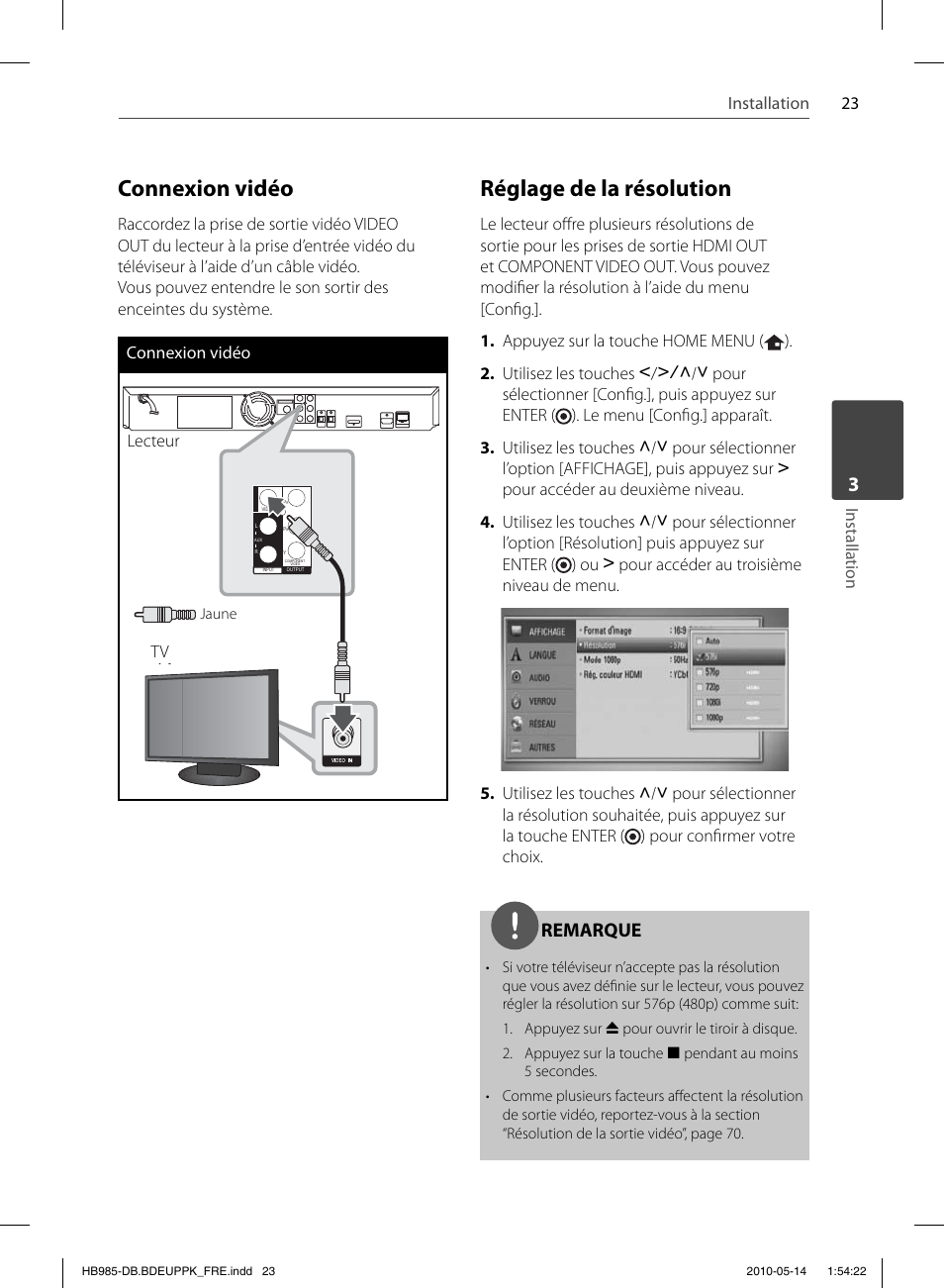 Connexion vidéo, Réglage de la résolution, Remarque | Pioneer BCS-303 User Manual | Page 97 / 448