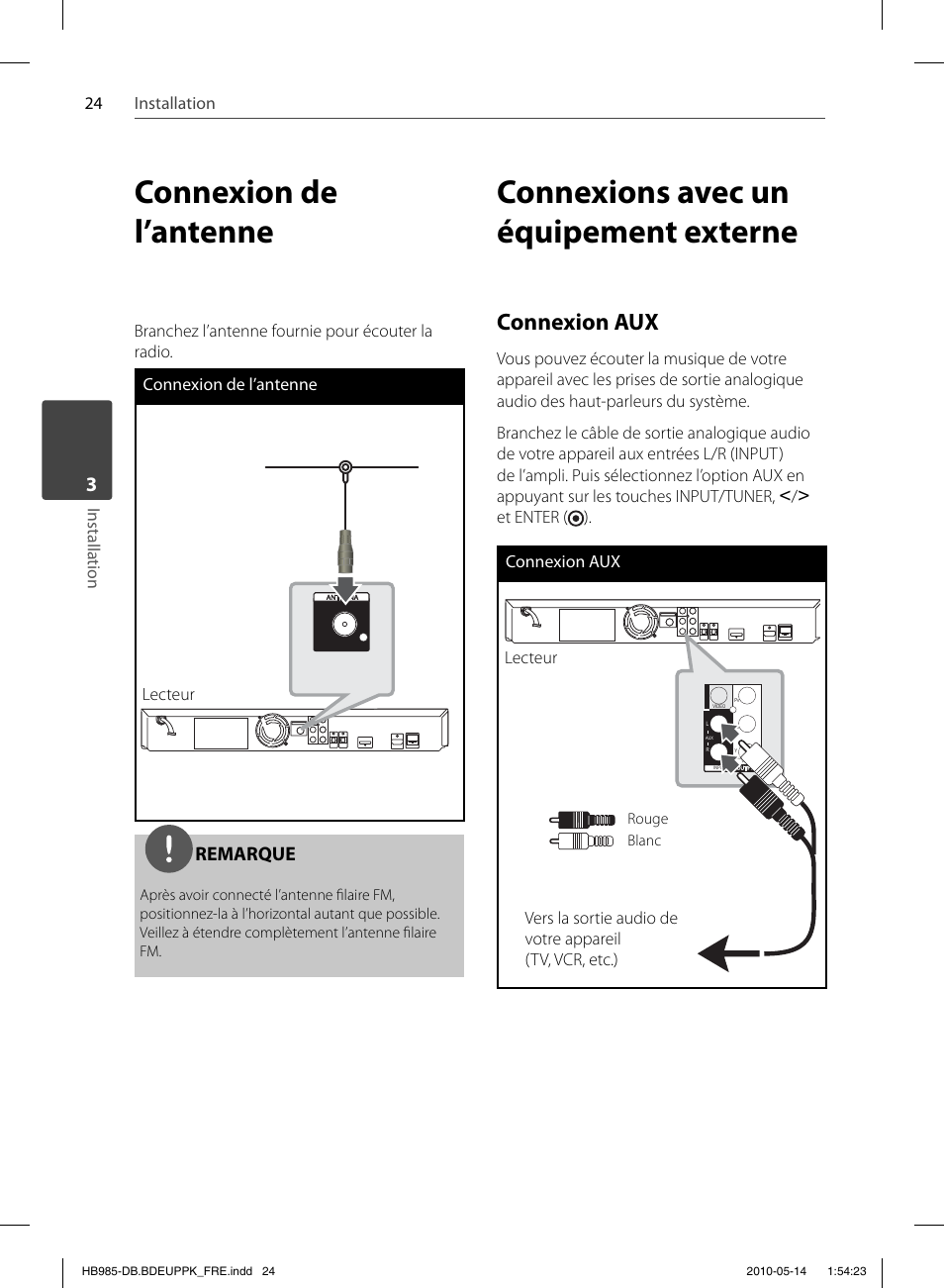 Connexion de l’antenne, Connexions avec un équipement externe, Connexion aux | Remarque | Pioneer BCS-303 User Manual | Page 98 / 448