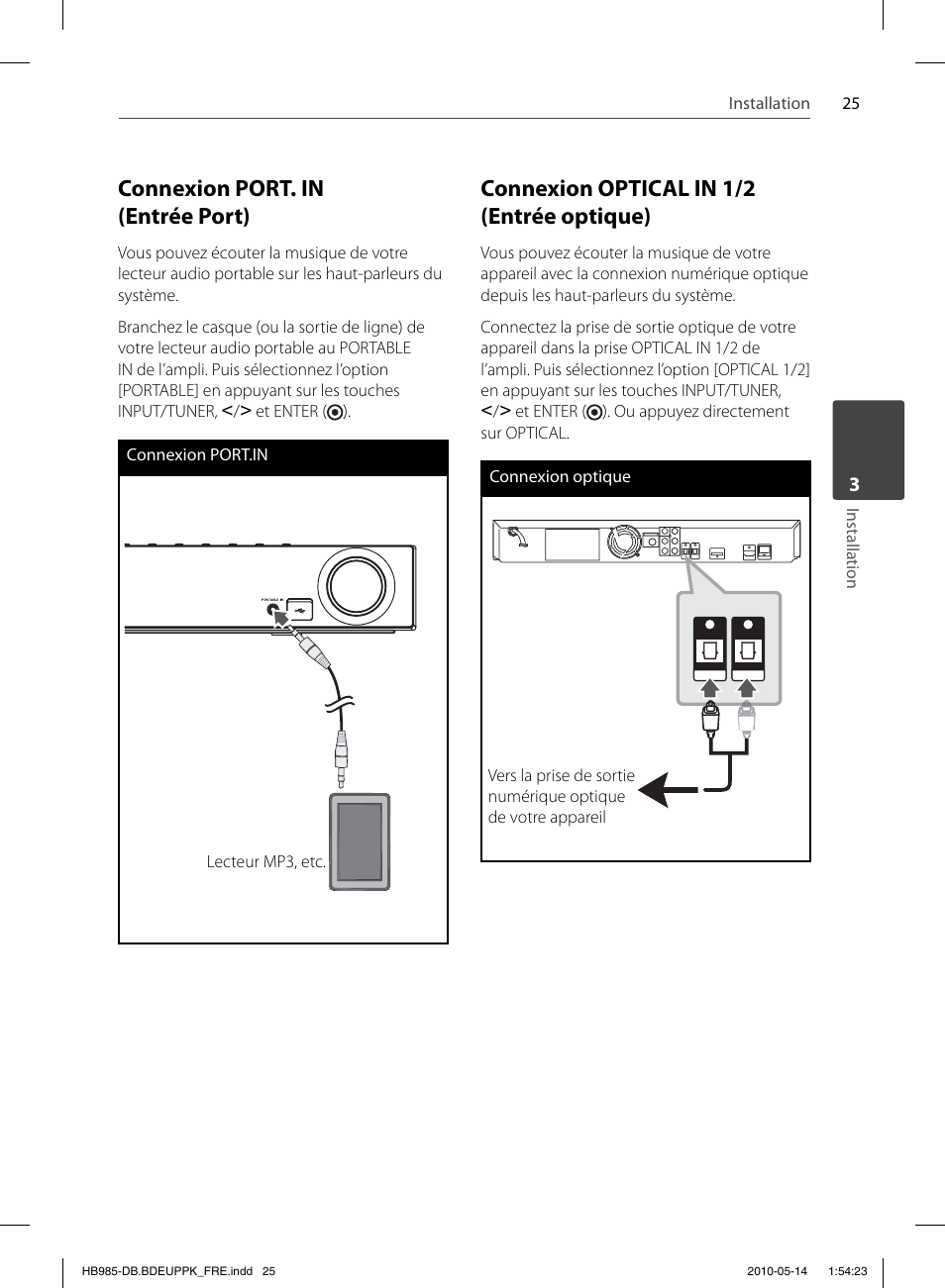 Connexion port. in (entrée port), Connexion optical in 1/2 (entrée optique) | Pioneer BCS-303 User Manual | Page 99 / 448