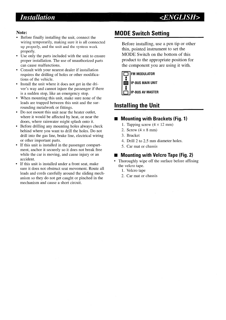 English, Mode switch setting, Installing the unit | Installation <english | Pioneer GEX-P7000TVP User Manual | Page 4 / 31