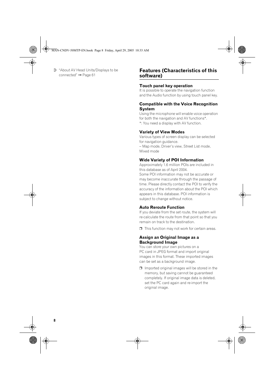 Features (characteristics of this software) | Pioneer CNDV-50MT User Manual | Page 10 / 84